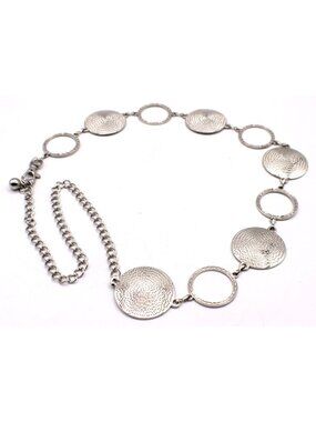 Silver Chunky Metal Circle Chain Belt Textured Discs Adjustable Lg Lobster Clasp